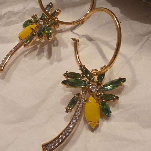 New Betesy Johnson Gold and Green Tropical Coconut Tree Crystal Hoop Earrings - Picture 4 of 8